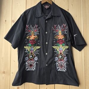 Dragonfly Roadhouse Embroidered Goth Biker Short Sleeve Button Shirt Mens Large